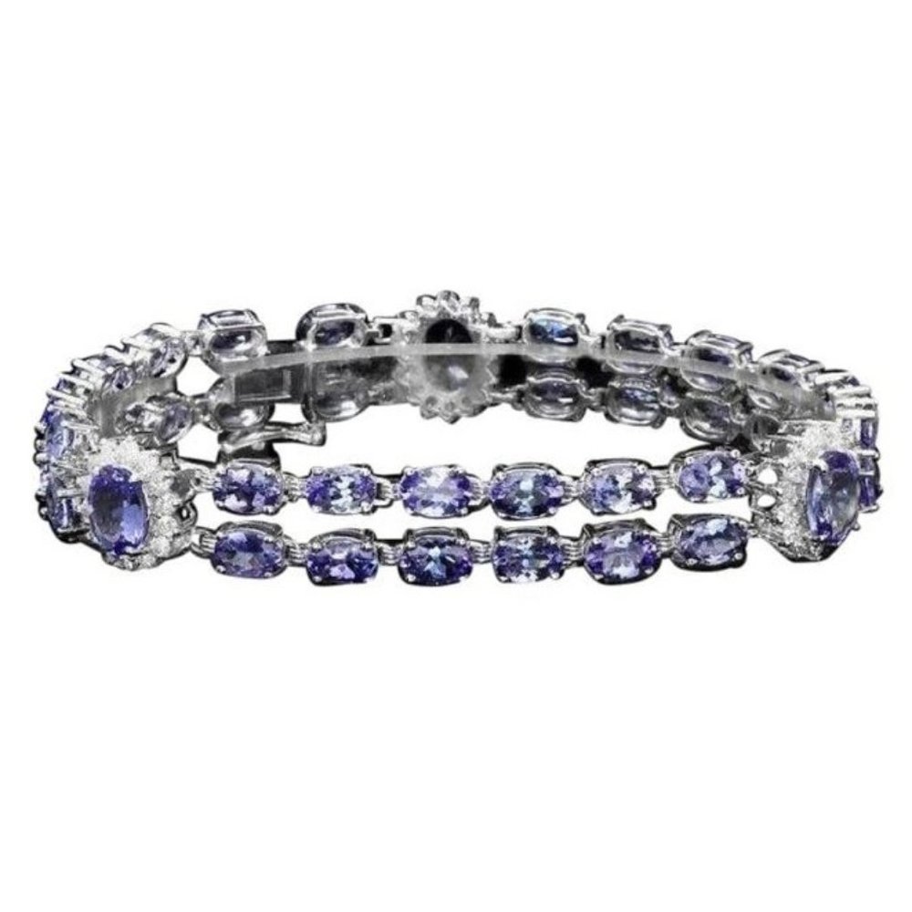20.00 Carats Natural Tanzanite & Diamond 14K Solid White Gold Bracelet